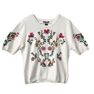 NEW Chelsea & Theodore Embroidered Floral Boho Sweater Top Womens Size XL White